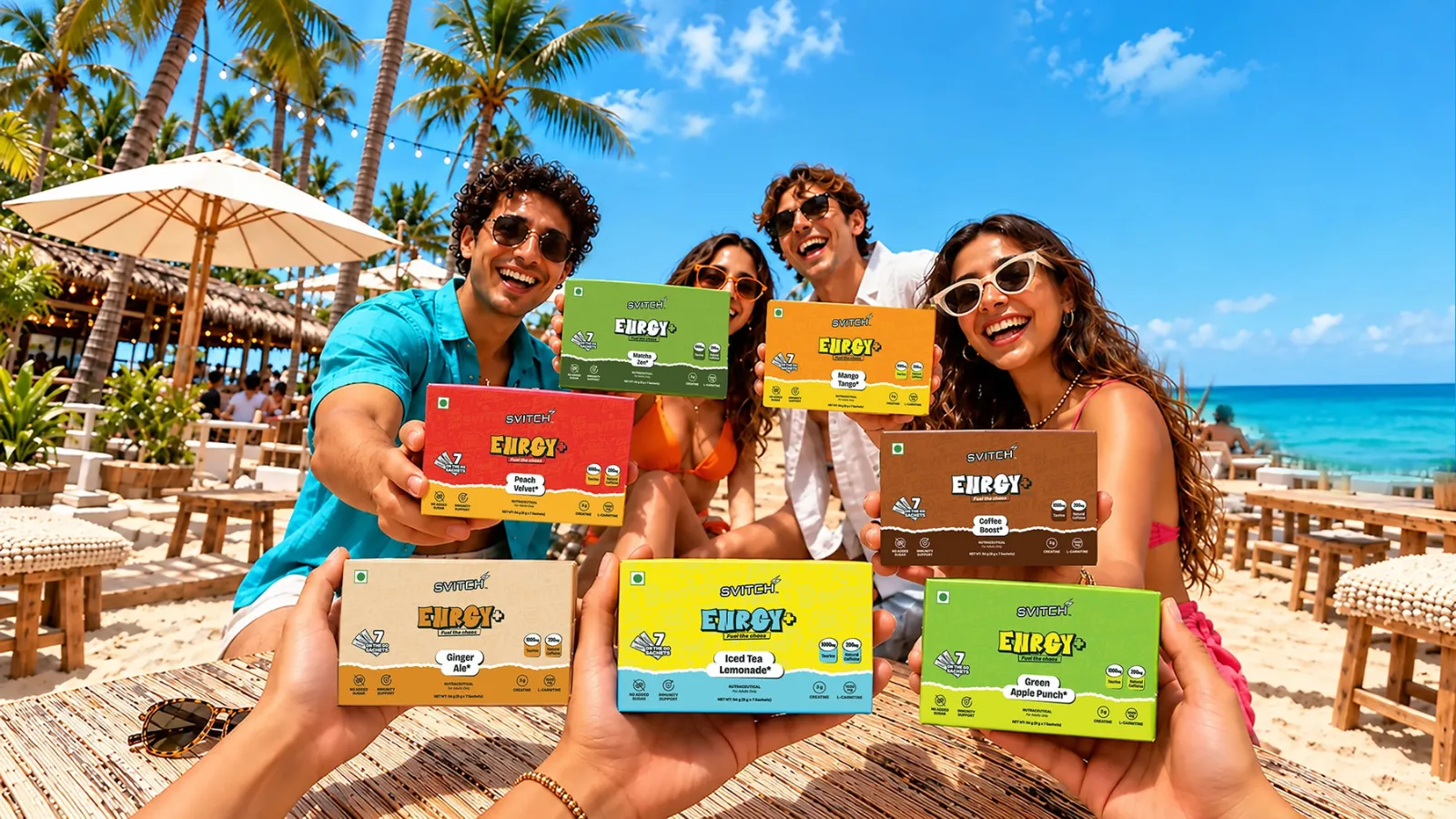Friends on a beach holding Svitch ENRGY+ packs in different flavours