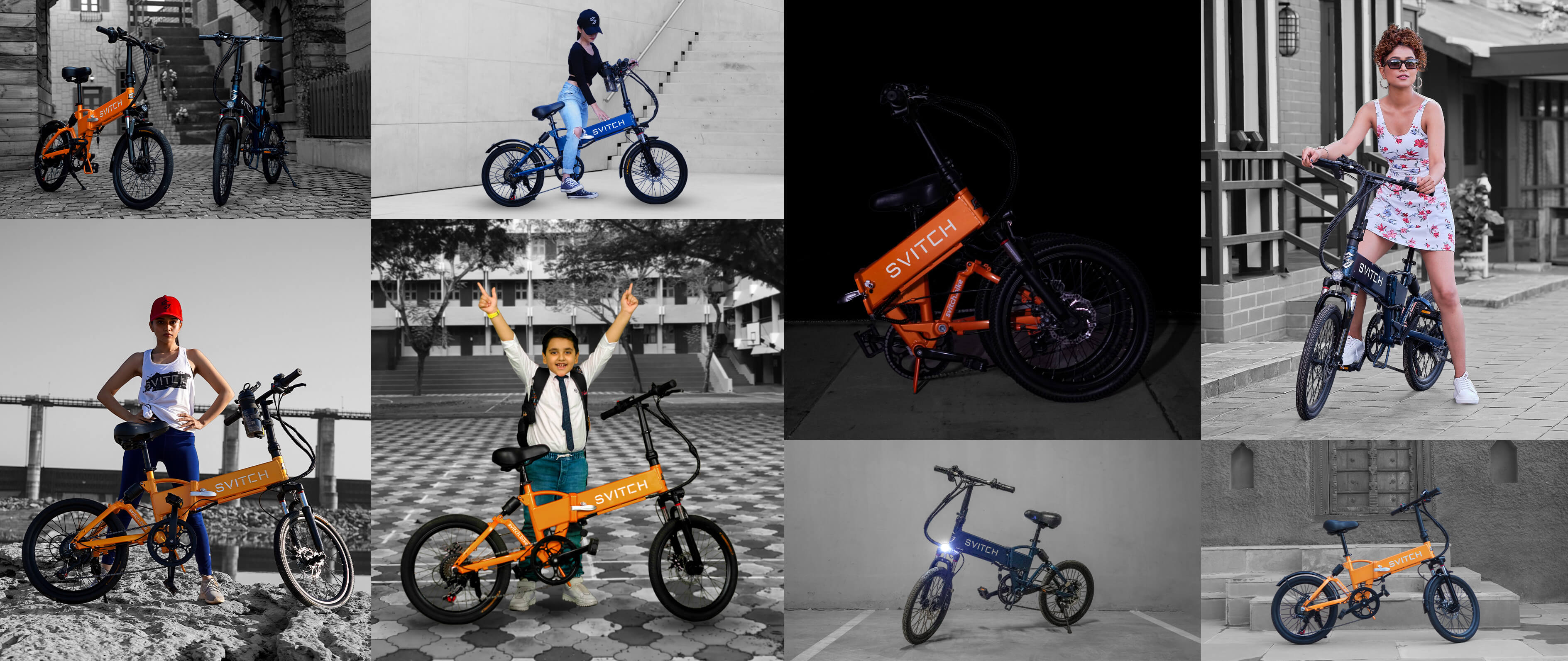 colleged image of blue and orange Svitch electric bicycles for under eighteen